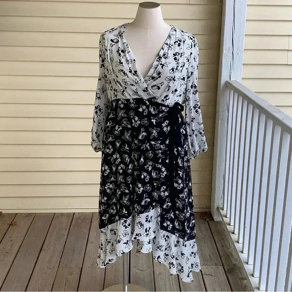 Lane Bryant x Beauticurve Plus Size 14 Black White Floral Midi Wrap Dress Hi Low - Picture 3 of 11